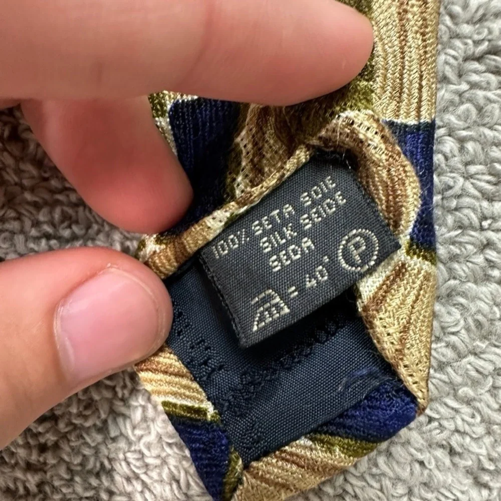 Ermenegildo Zegna Silk Tie Blue Green Tan Geometric Patchwork Made in Italy